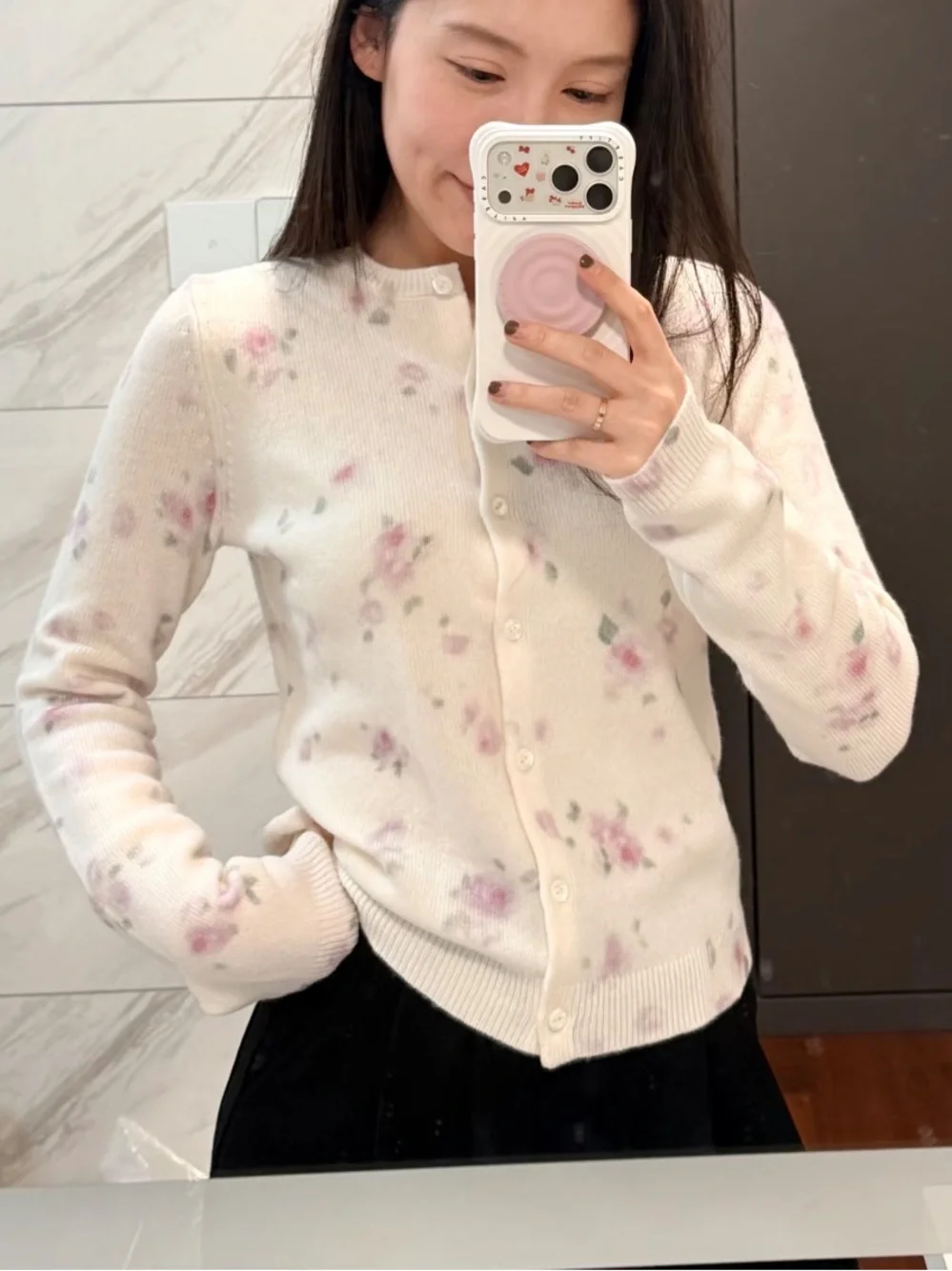 Cream Floral Button-Up Women's Cardigan Sweater